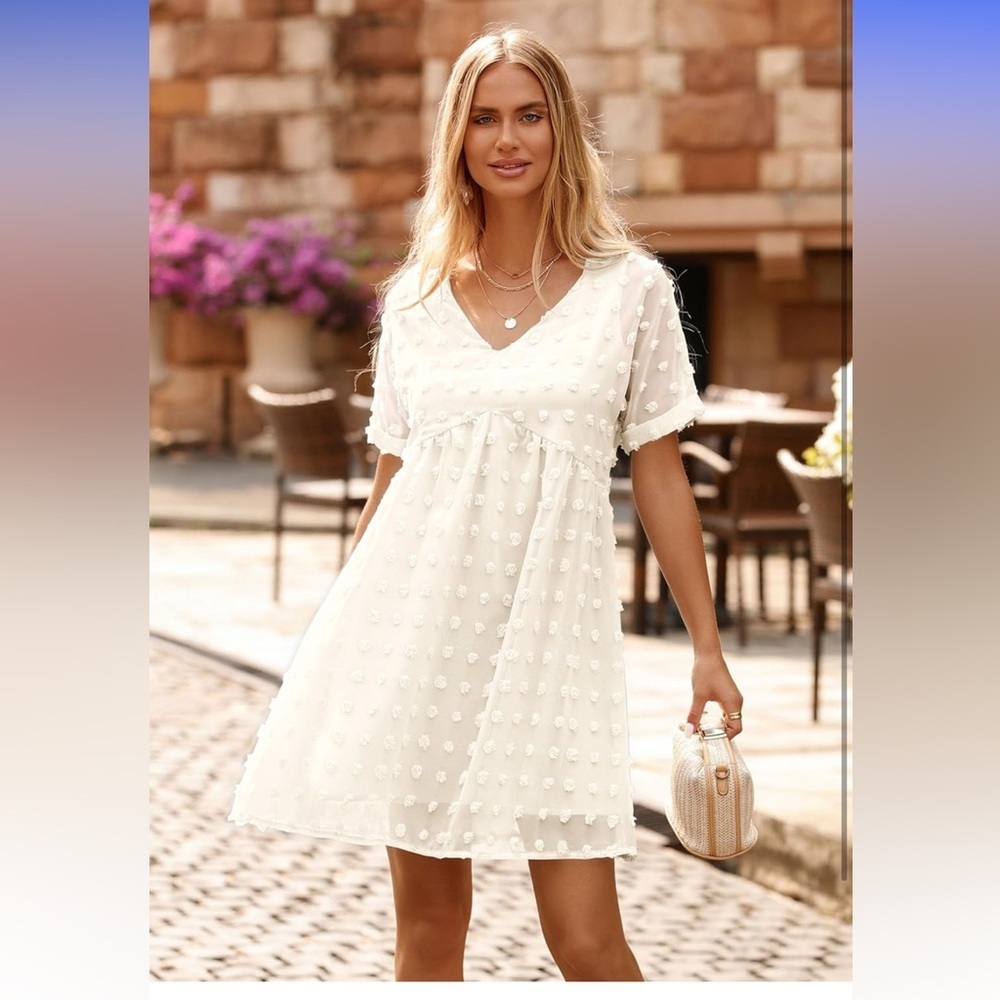 Women's Ivory Swiss Dot V-Neck Babydoll Dress